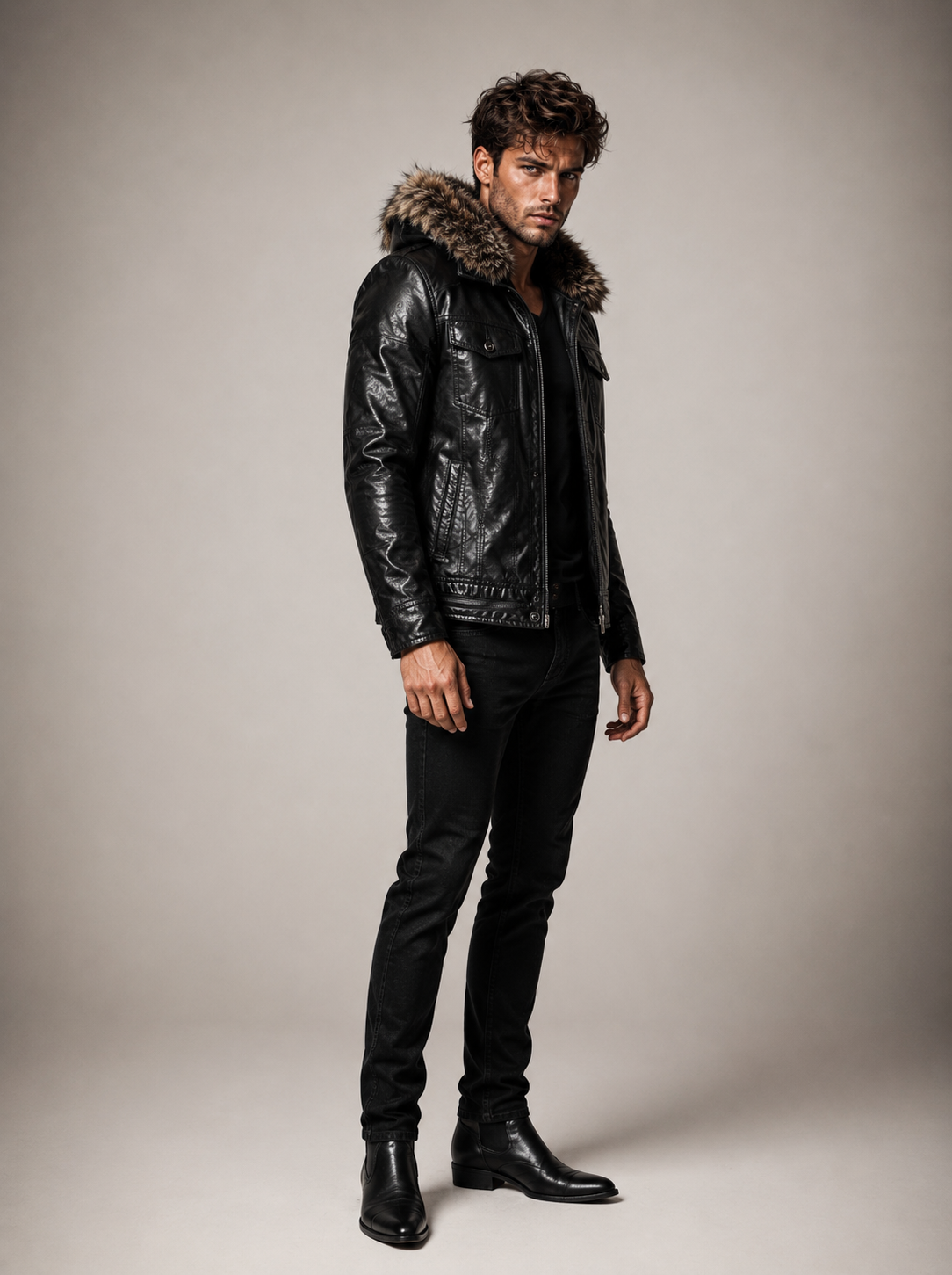 Black Fur Collar Leather Jacket