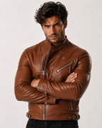 Copper Hawk Cognac Brown Leather Biker Jacket