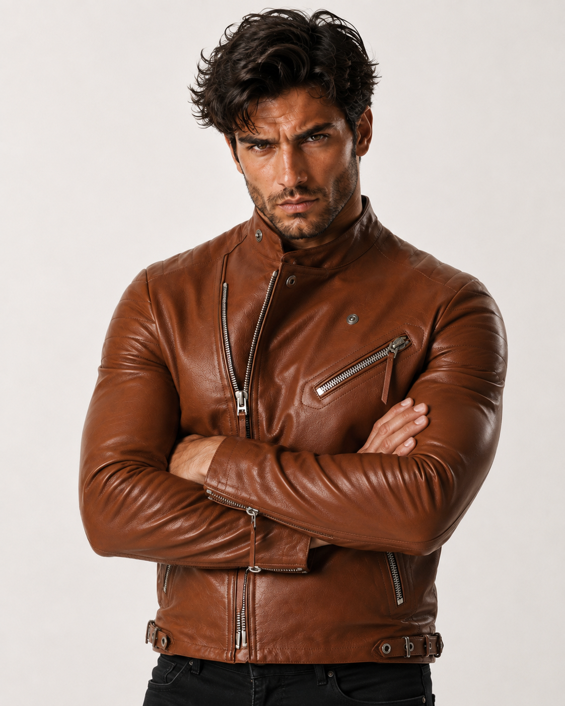 Copper Hawk Cognac Brown Leather Biker Jacket