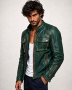 Urban Viper Distressed Green Leather Biker Jacket