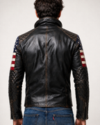 Distressed Charcoal Black Sheep Leather Moto Jacket | Daaran – three-quarter view