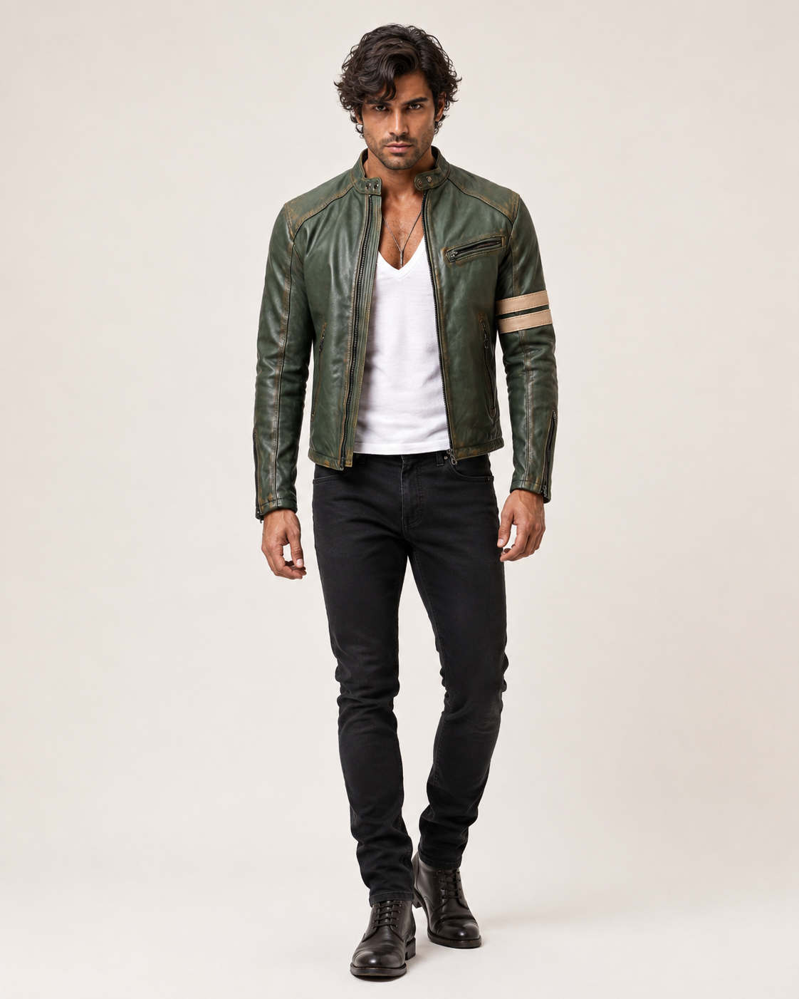 Falcon Verde Green Leather Café Racer Jacket