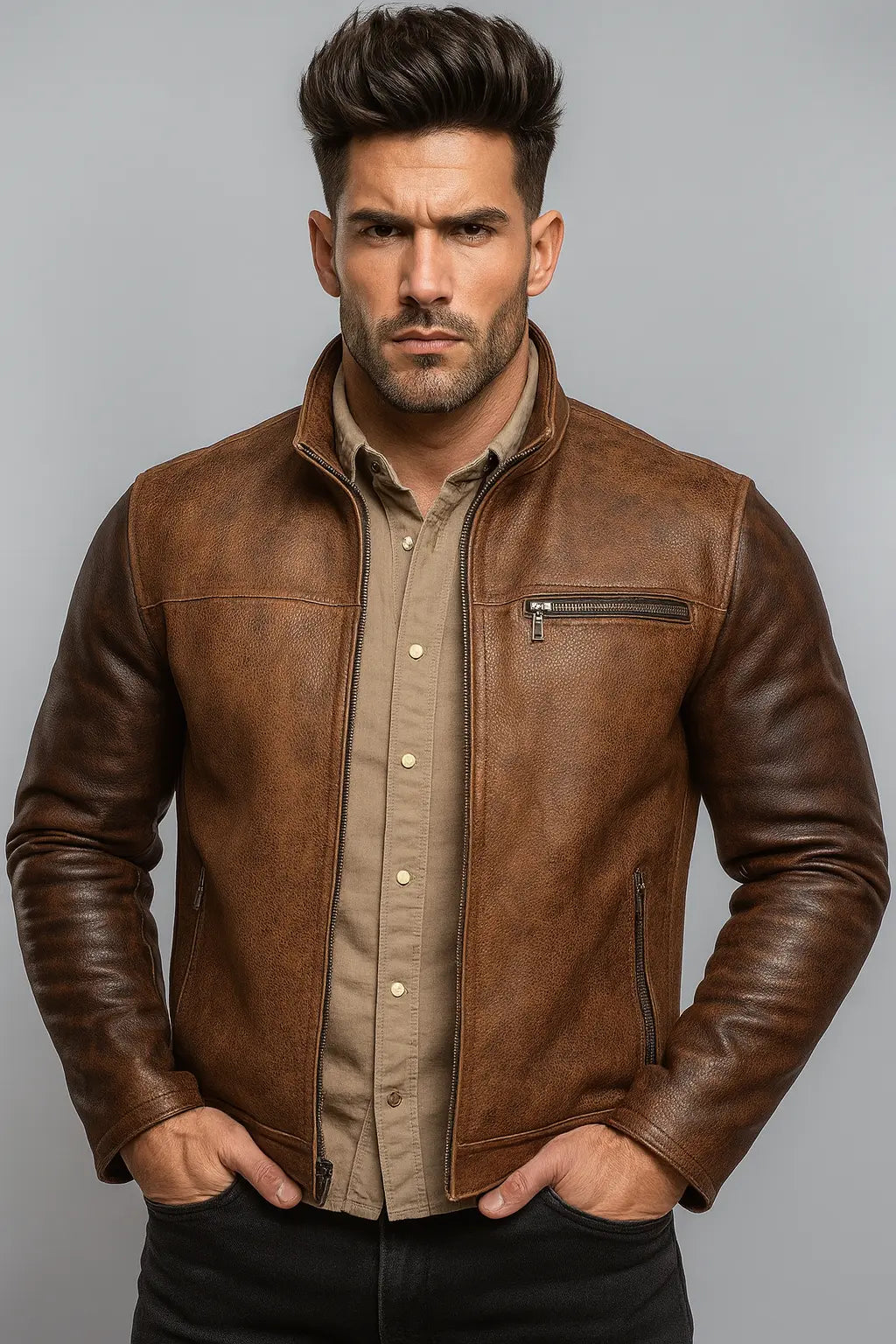 Rustborn Luxe Distressed Brown Leather Biker Jacket