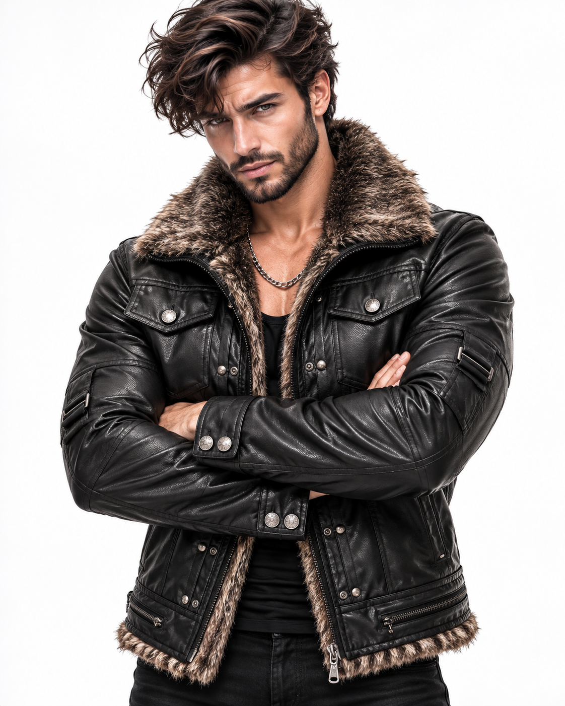 Black Fur Collar Leather Jacket