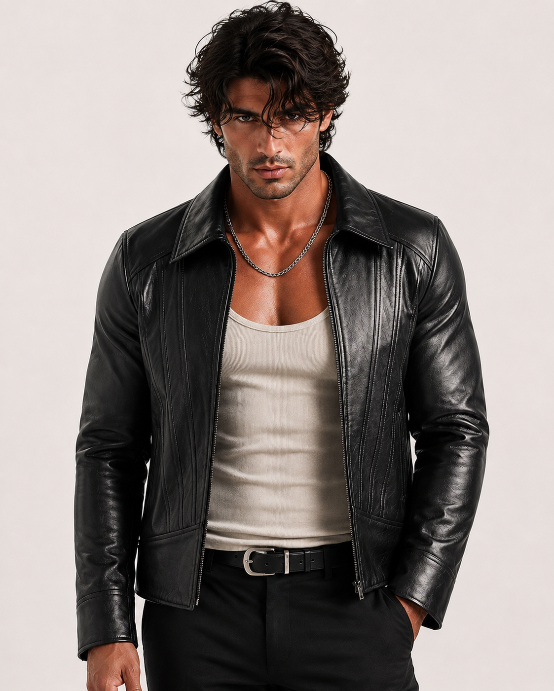Midnight Sculpt Black Leather Racer Jacket | Daaran – front view
