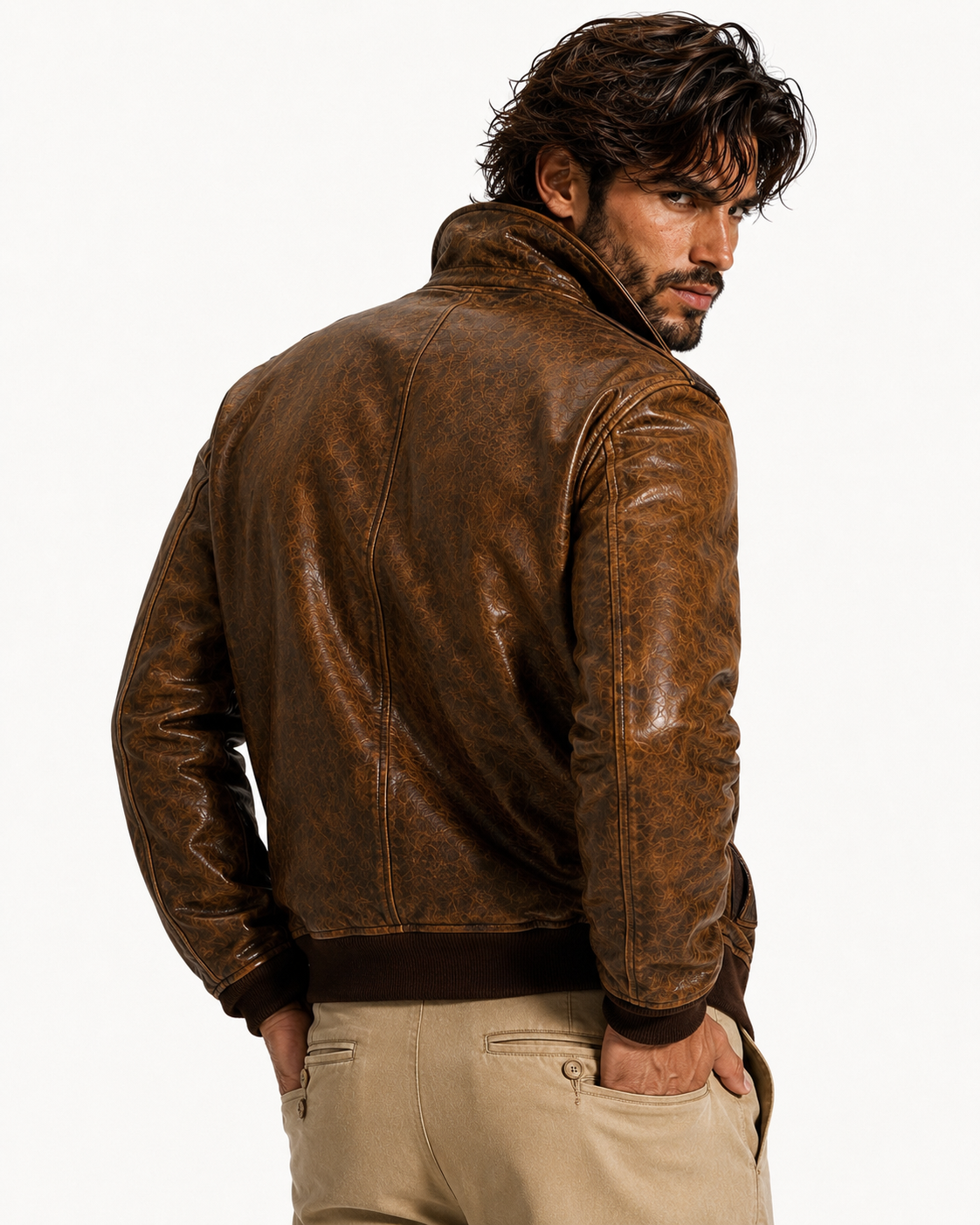 Bronze Outlaw Distressed Brown Leather Bomber Jacket