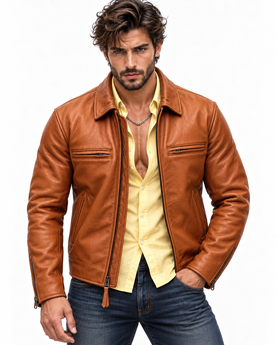 Men's Camel Cowhide Leather Moto Jacket: Slim Fit Bomber