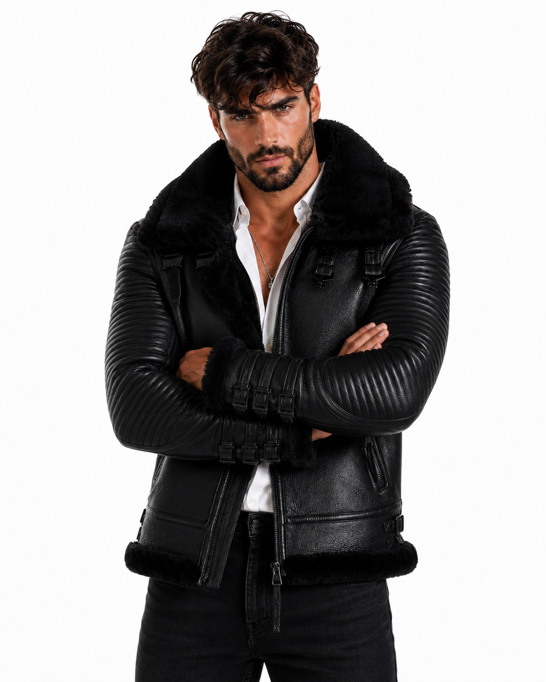Shadow Sentinel Black Leather Aviator Jacket