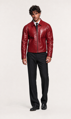 Men's Crimson Red Sheep Leather Jacket - Classic Fit: Daaran – three-quarter view