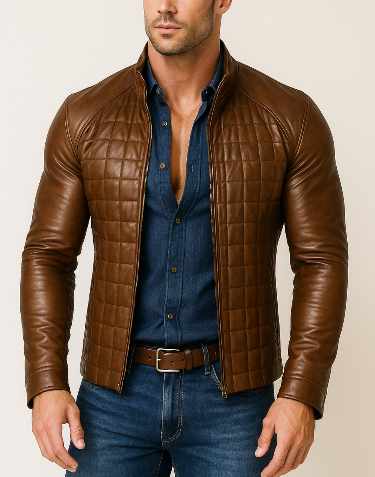 Luxe Grid Moto Urban Brown Leather Jacket