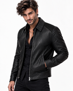 Black Cowhide Leather Bomber Jacket – Slim Fit Moto