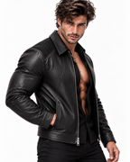 Black Cowhide Leather Bomber Jacket – Slim Fit Moto