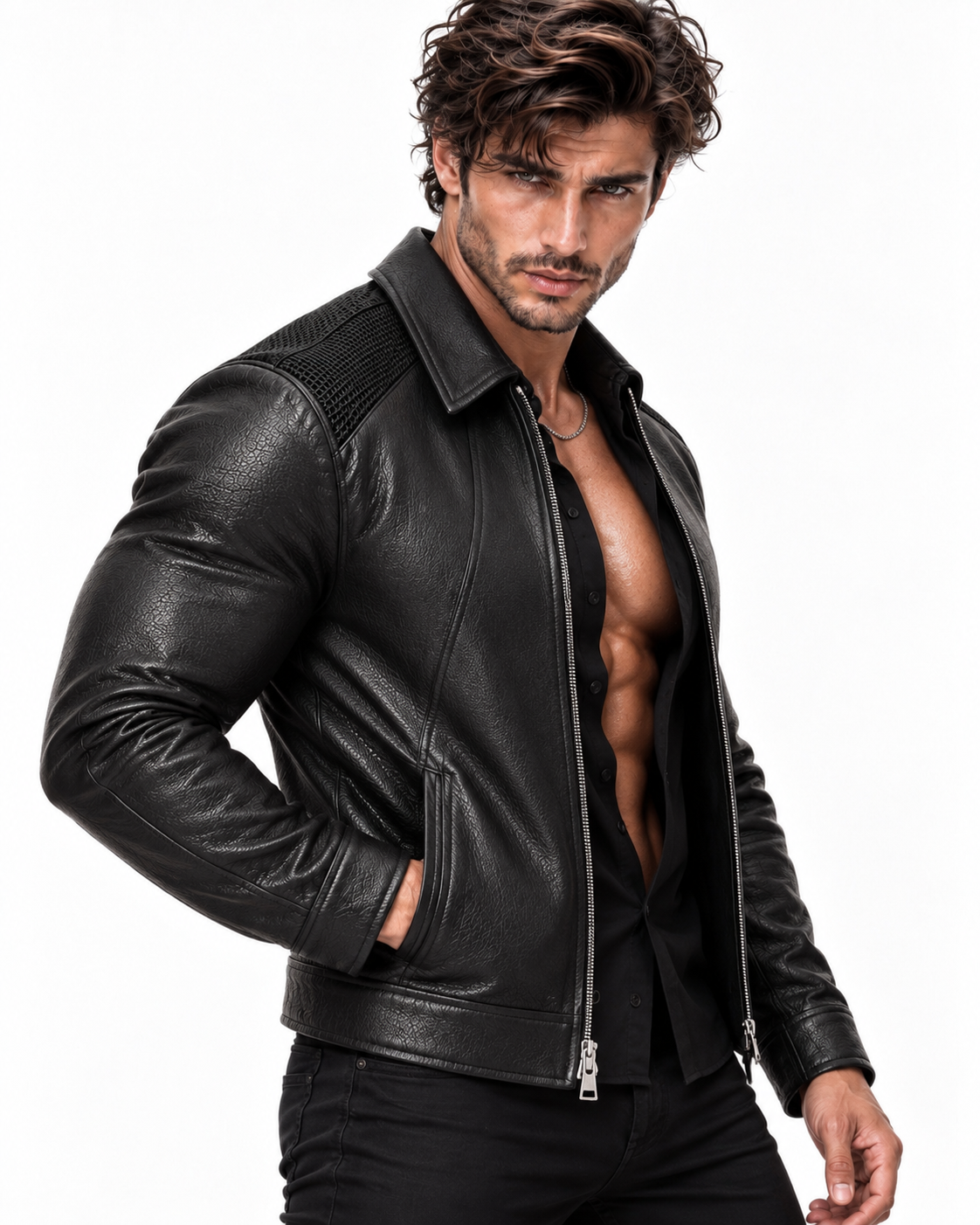 Black Cowhide Leather Bomber Jacket – Slim Fit Moto