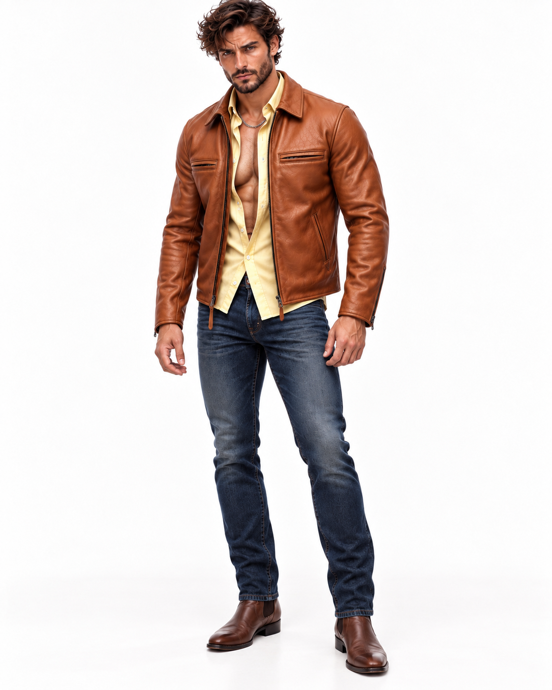 Men's Camel Cowhide Leather Moto Jacket: Slim Fit Bomber