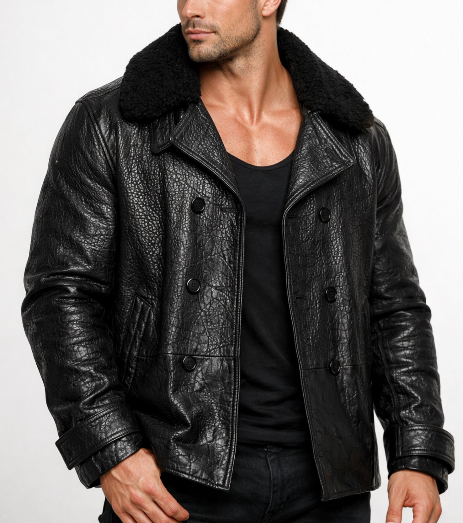 Hudson Black Leather Peacoat Jacket