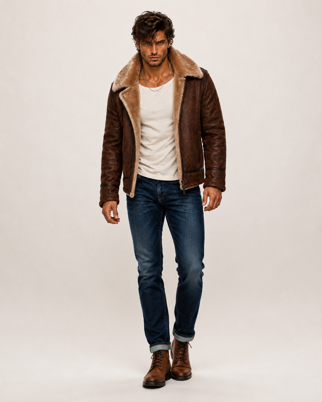 Brown Suede Leather Aviator Jacket – Shearling Collar