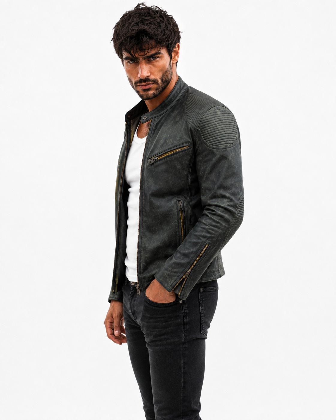 Distressed Green Sheep Leather Biker Jacket