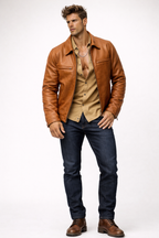 Men’s Camel Cowhide Leather Jacket – Slim Fit Moto Cafe Racer Jacket