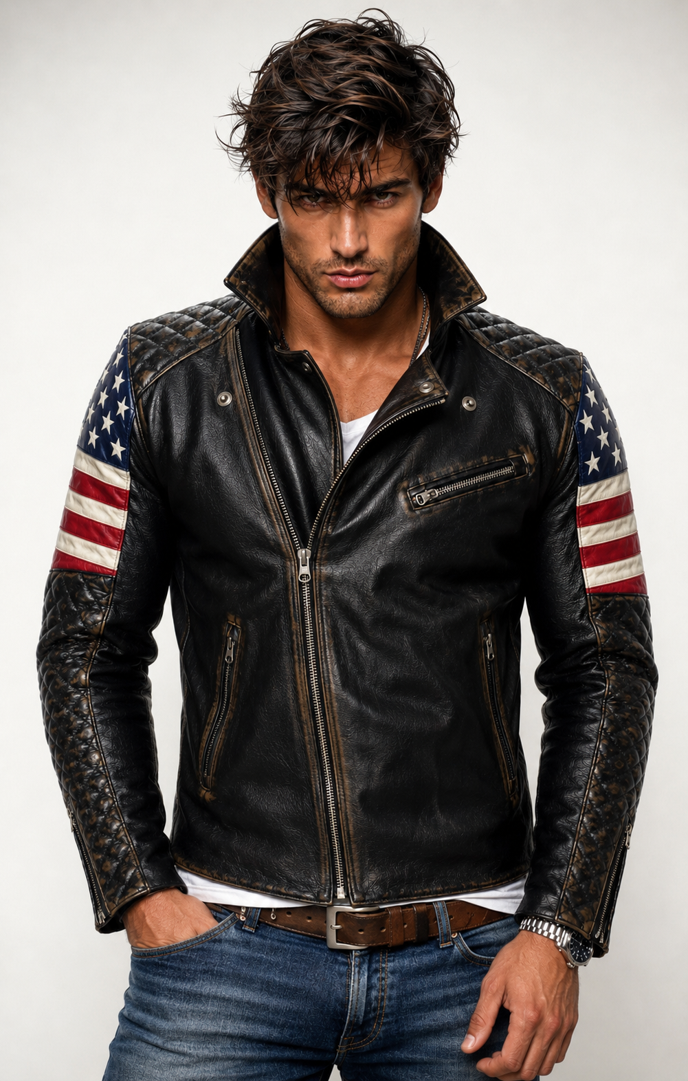Distressed Charcoal Black Sheep Leather Moto Jacket | Daaran – front view