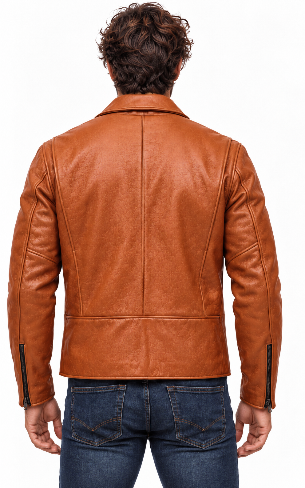 Men's Camel Cowhide Leather Moto Jacket: Slim Fit Bomber