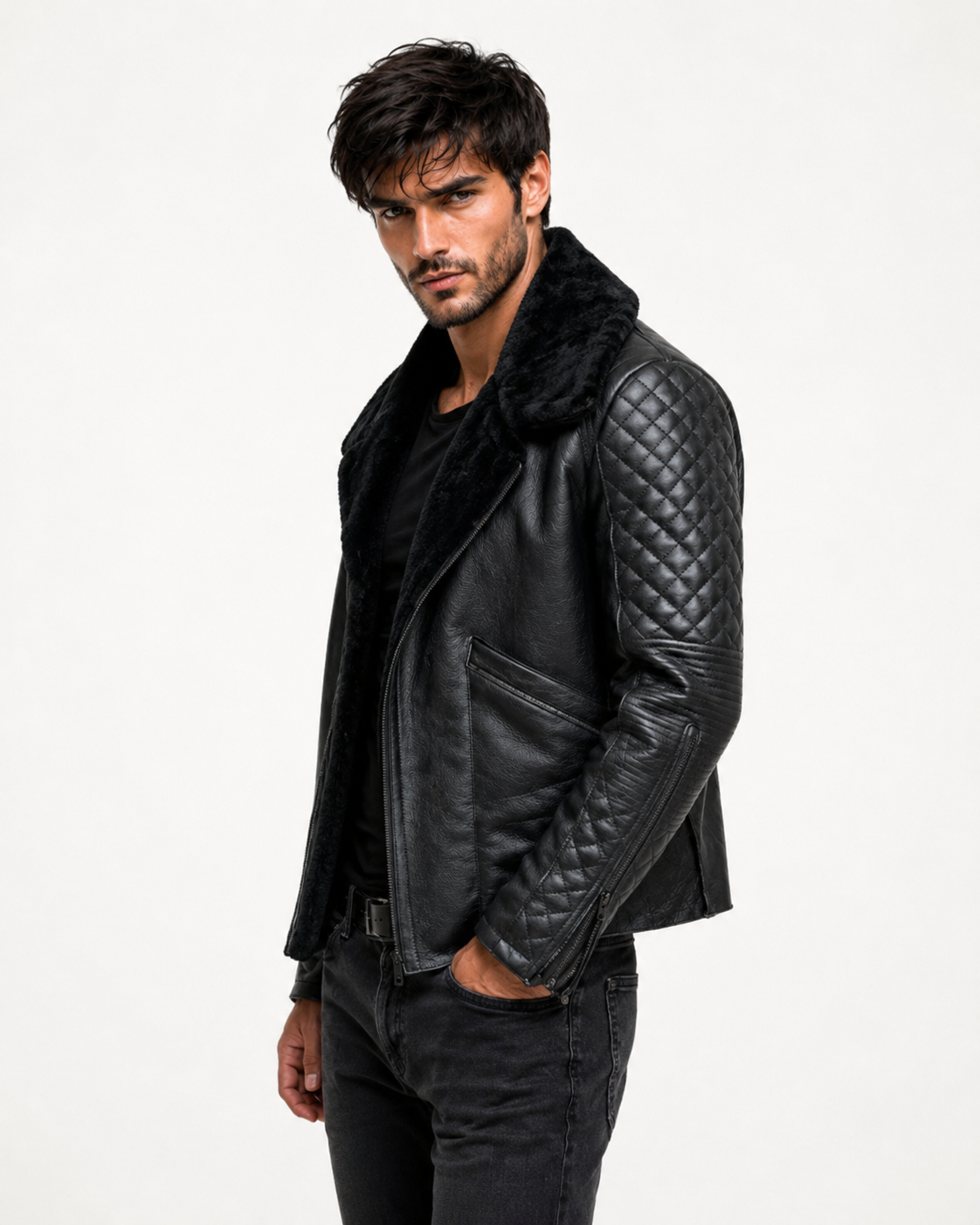 Obsidian Reign Black Leather Shearling Jacket