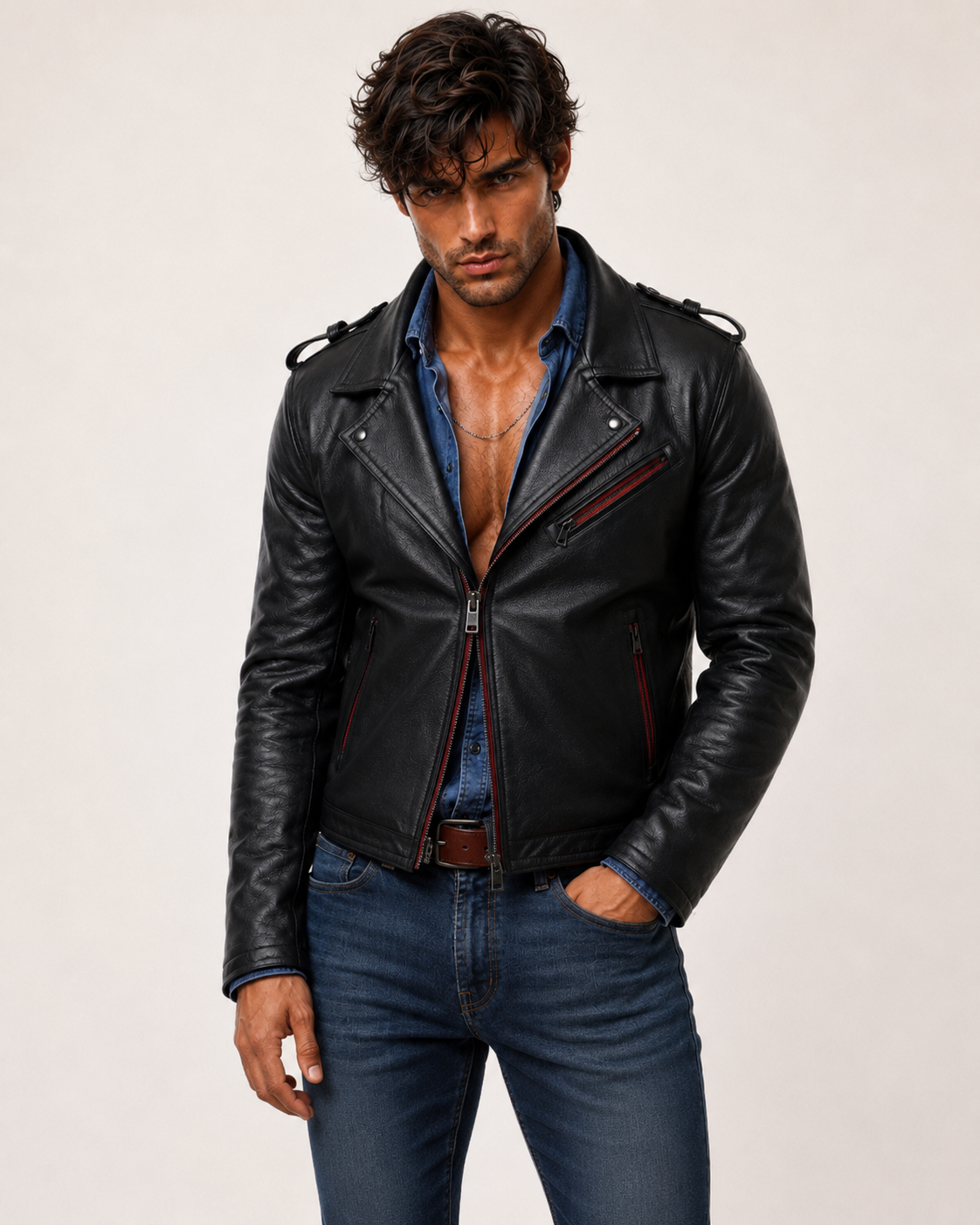 Redline Phantom Black Leather Biker Jacket