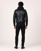 Black Sheep Leather Bomber Jacket – Detachable Hoodie | Daaran – styled, worn view
