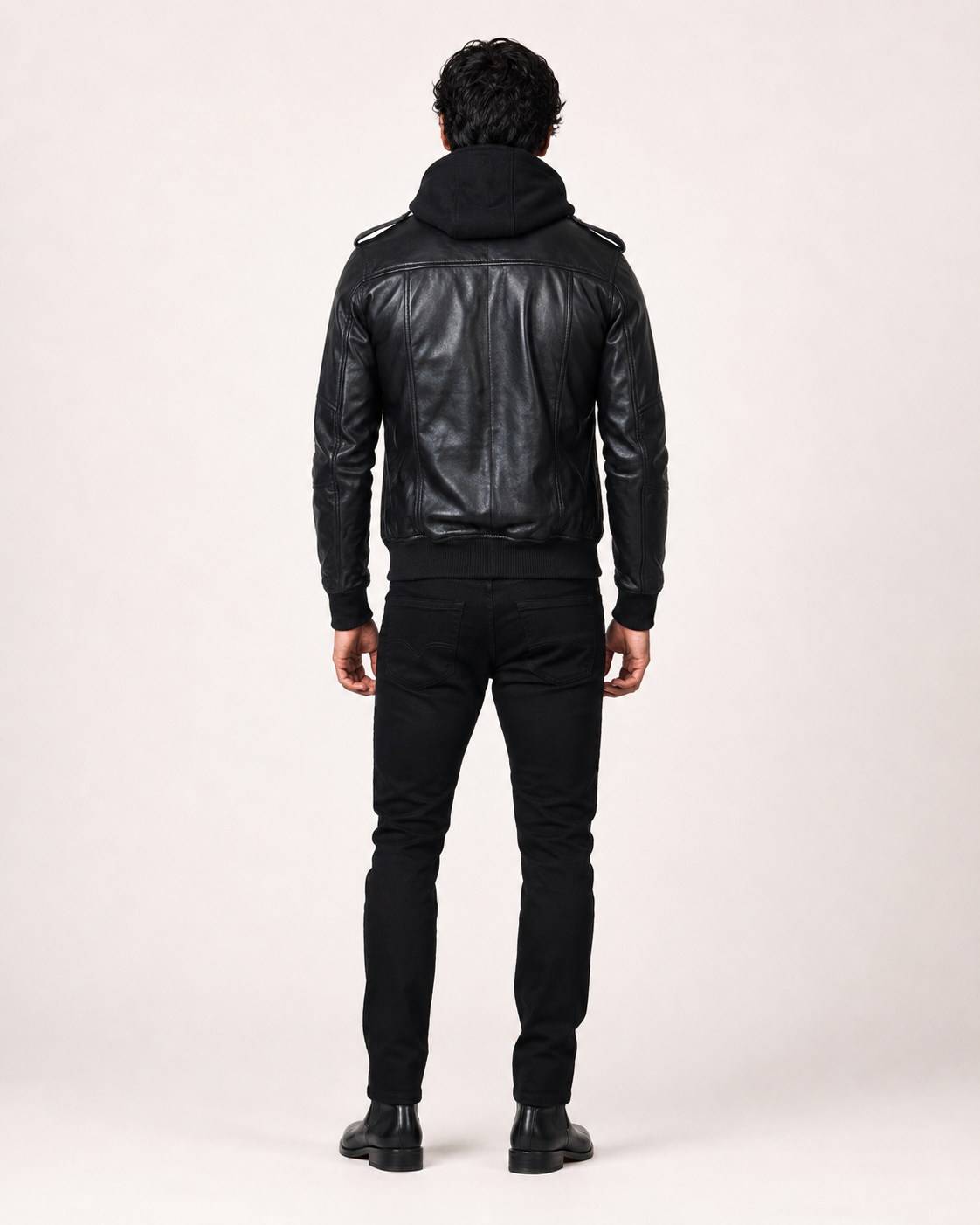 Black Sheep Leather Bomber Jacket – Detachable Hoodie | Daaran – styled, worn view