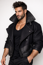 Black Wool & Leather Jacket for Men – NOX | Double Breasted Slim Fit Designer Winter Coat