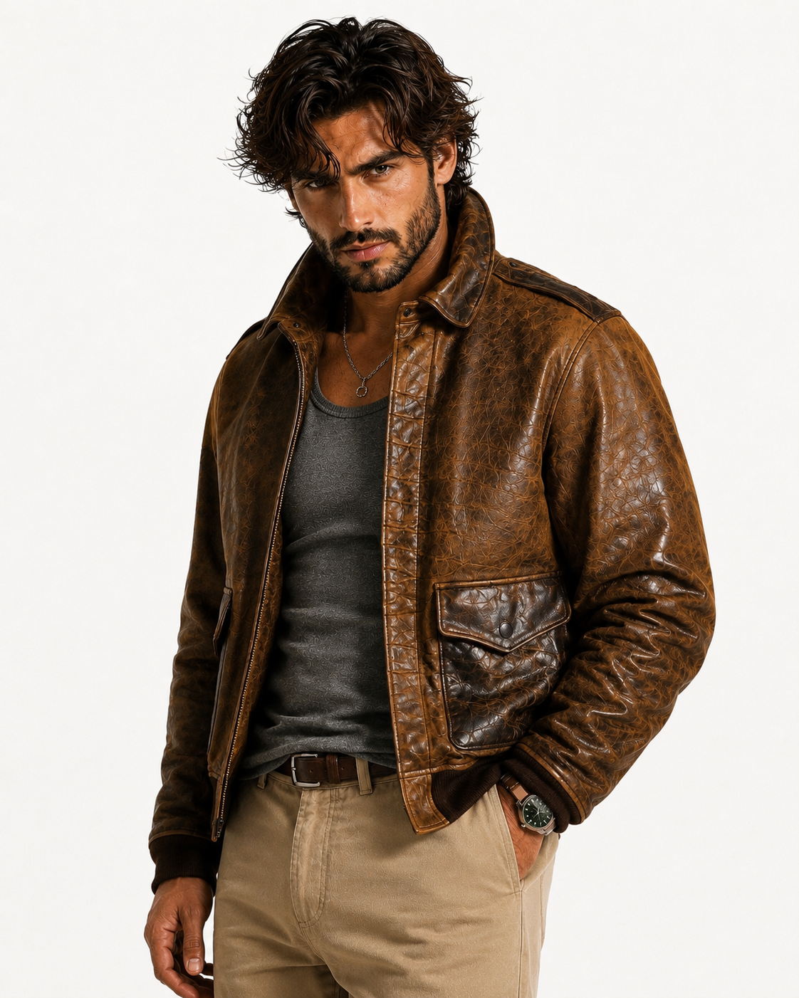 Bronze Outlaw Distressed Brown Leather Bomber Jacket