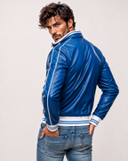 Veloce Royale Royal Blue Leather Bomber Jacket | Daaran – collar and zipper detail