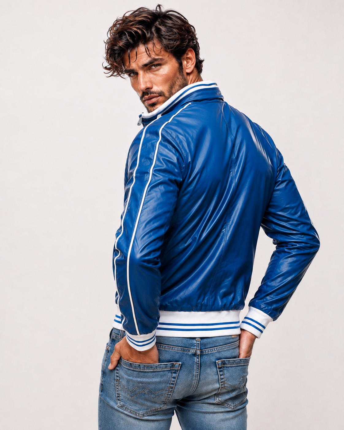 Veloce Royale Royal Blue Leather Bomber Jacket | Daaran – collar and zipper detail
