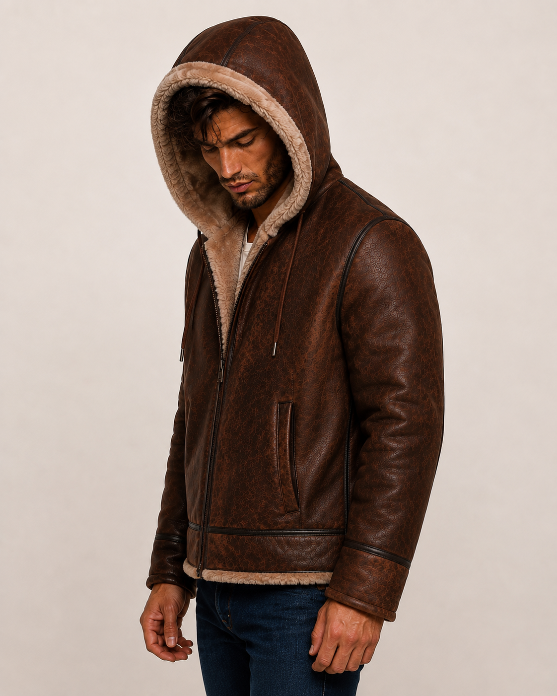 Brown Suede Leather Aviator Jacket – Shearling Collar
