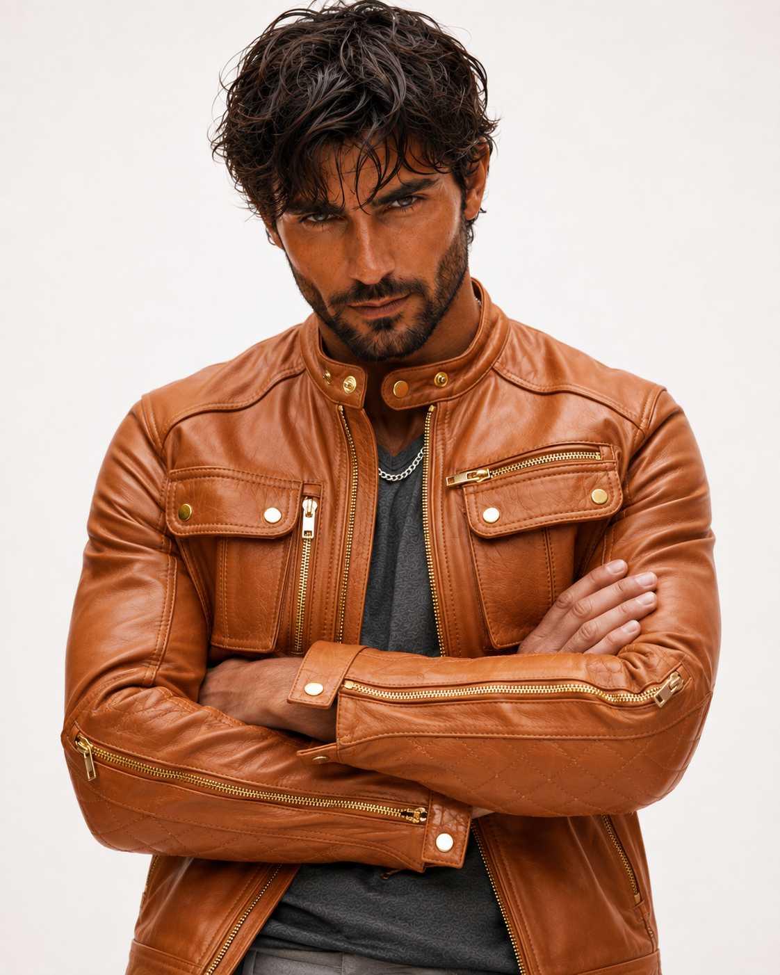 Vanguard Camel Leather Moto Jacket