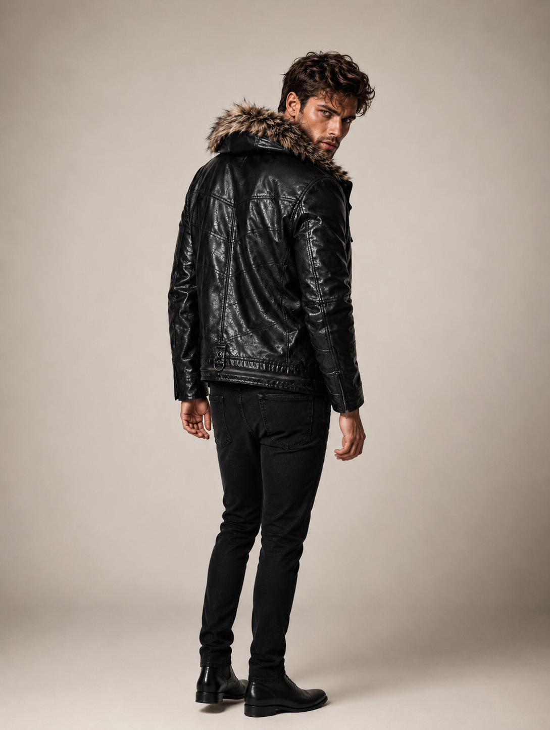 Black Fur Collar Leather Jacket