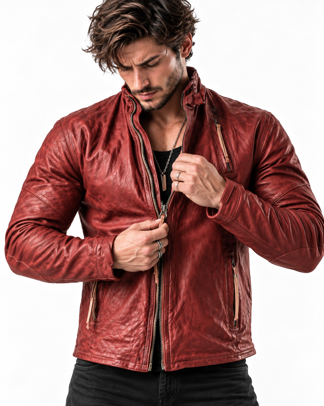Rovek by Daaran Red Distressed Sheep Leather Moto Jacket