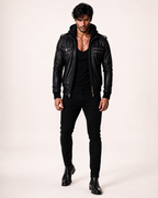 Black Sheep Leather Bomber Jacket – Detachable Hoodie | Daaran – flat lay view