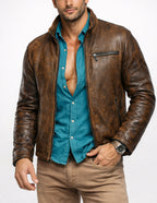 Rustborn Luxe Distressed Brown Leather Biker Jacket