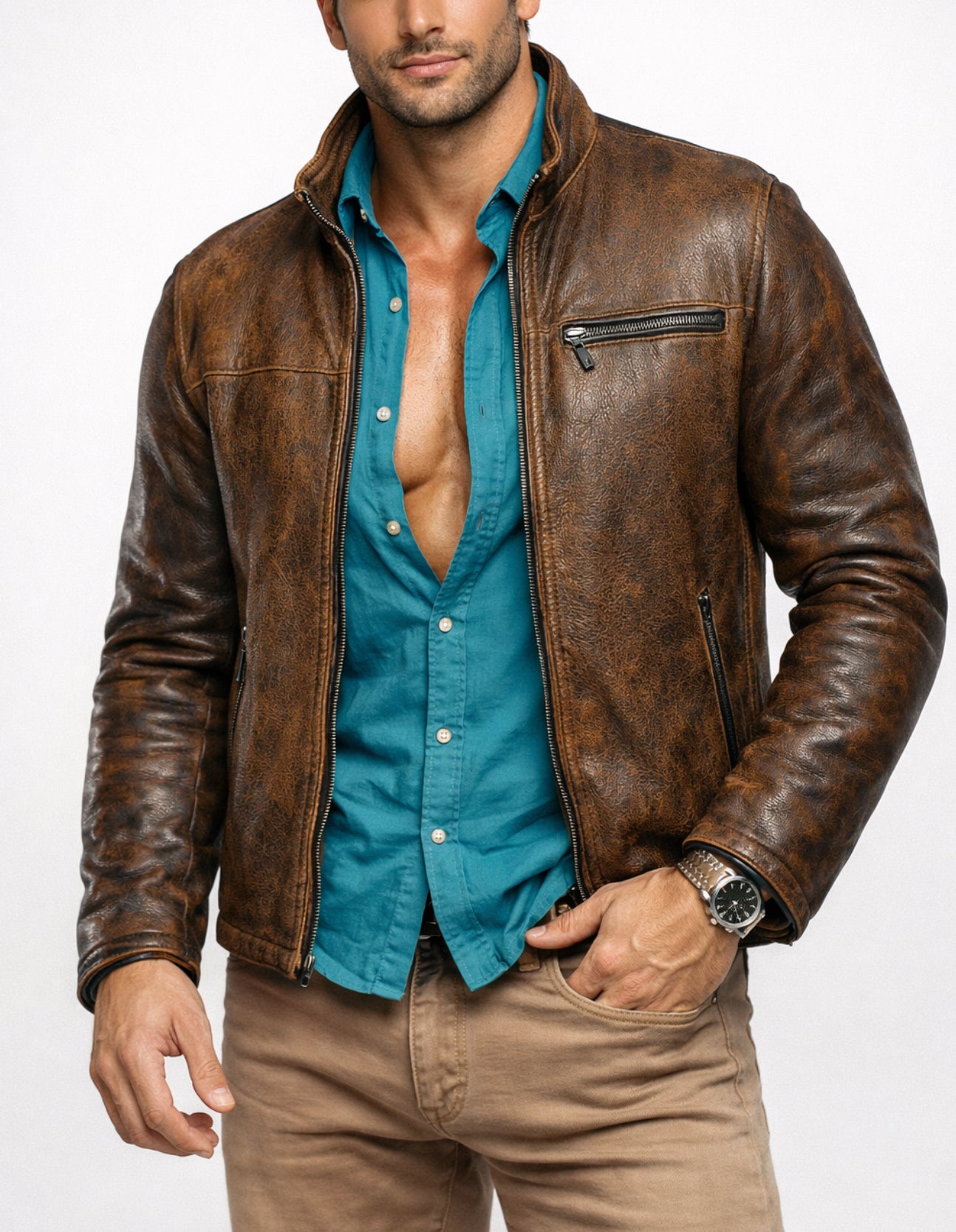Rustborn Luxe Distressed Brown Leather Biker Jacket