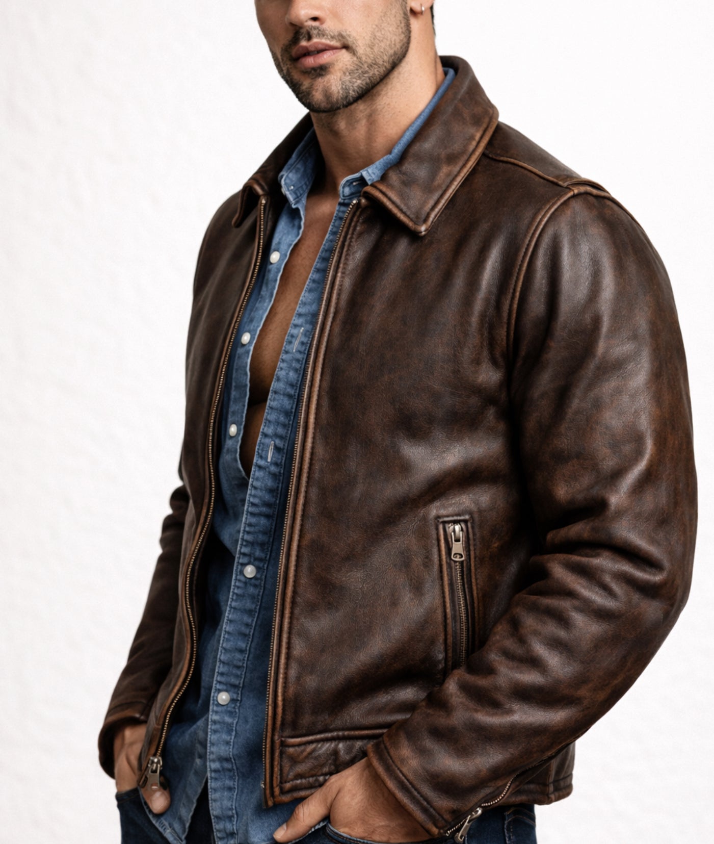 Verox Distressed Brown Cafe Racer Leather Jacket