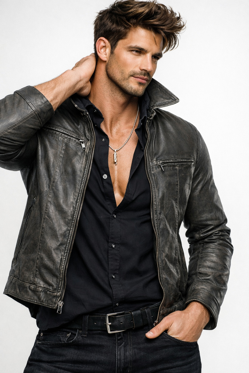Storm Ridge Distressed Charcoal Black Leather Jacket