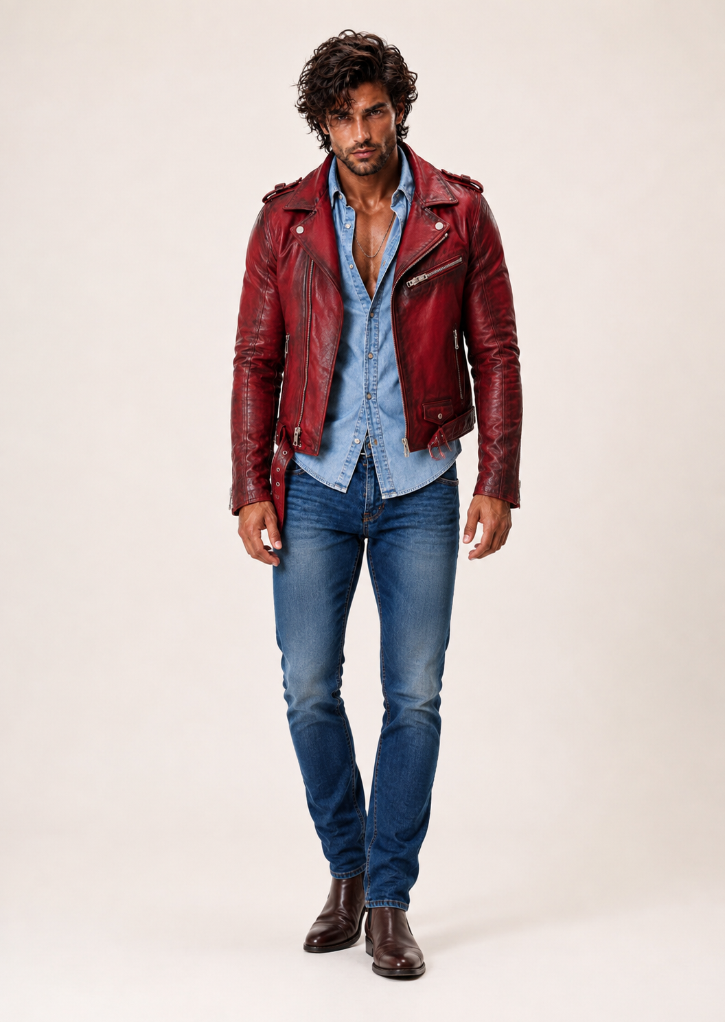 Urban Raider Distressed Red Leather Moto Jacket