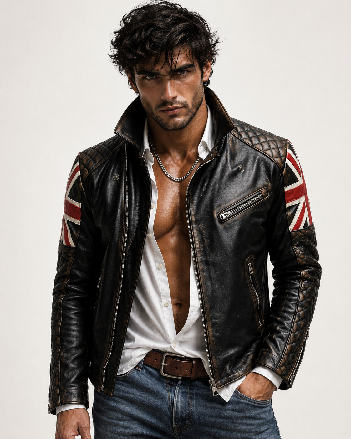 Union Jack Black Leather Café Racer Jacket | Daaran – front view
