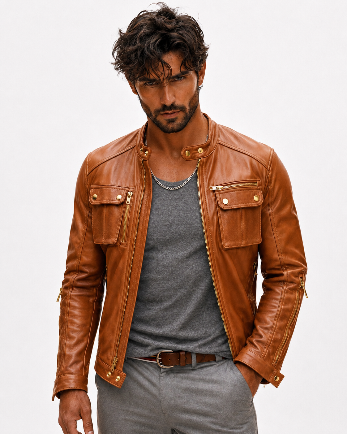 Vanguard Camel Leather Moto Jacket