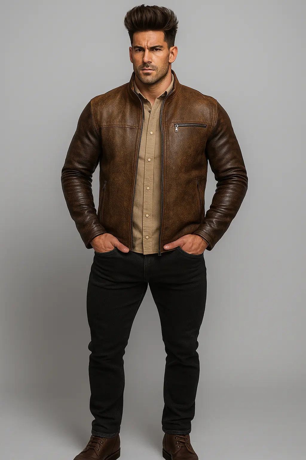 Rustborn Luxe Distressed Brown Leather Biker Jacket