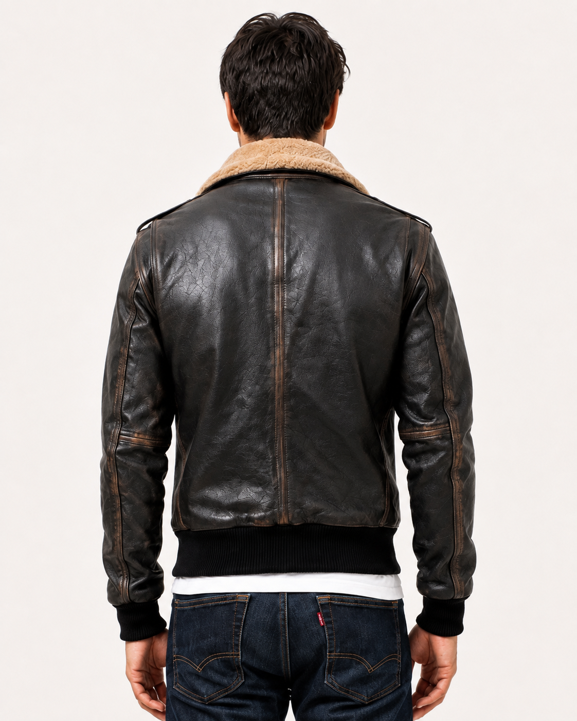 Distressed Brown Shearling Aviator Bomber Jacket