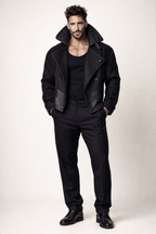 Black Wool & Leather Jacket for Men – NOX | Double Breasted Slim Fit Designer Winter Coat