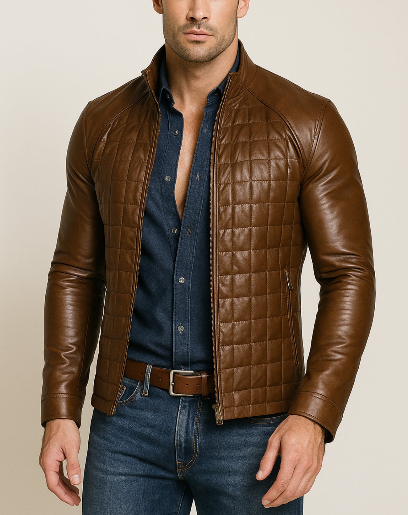Luxe Grid Moto Urban Brown Leather Jacket