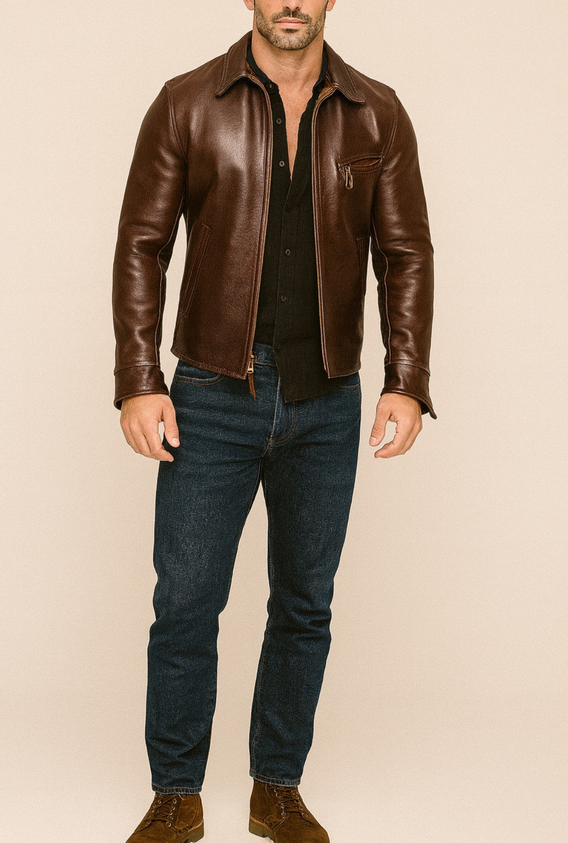 Ravvix Brown Leather Bomber Jacket