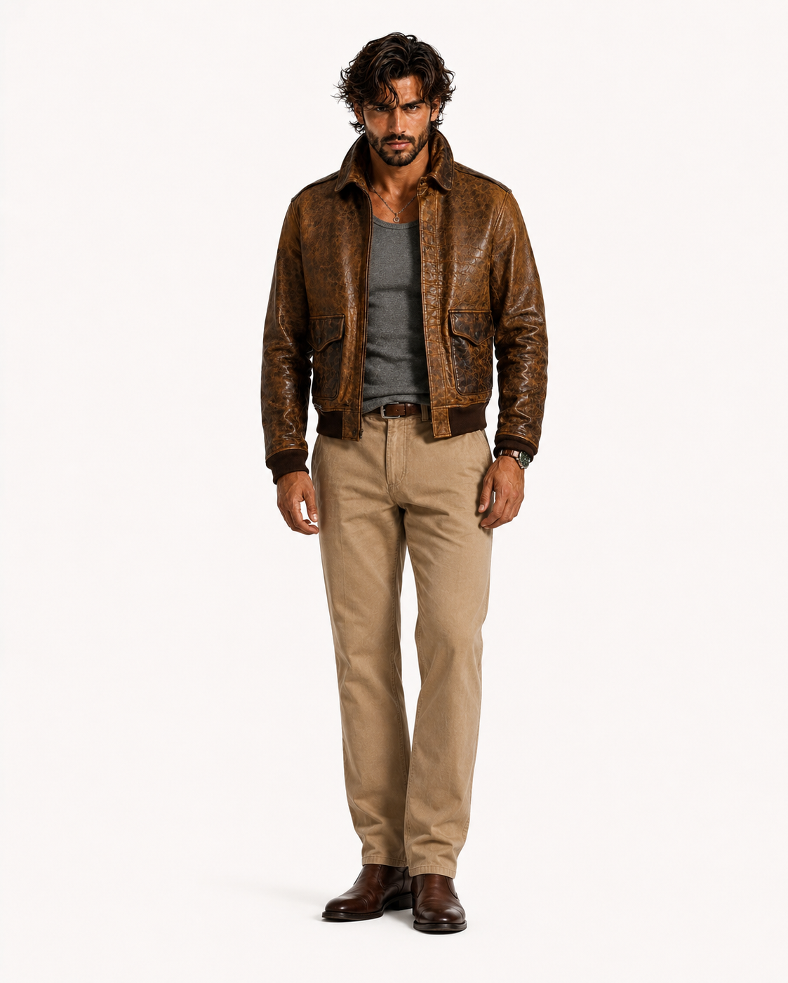Bronze Outlaw Distressed Brown Leather Bomber Jacket